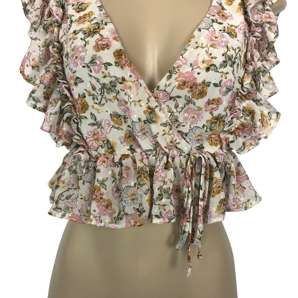 Fashion Nova Floral Print Ruffle Wrap Crop Top Size S Cream V-Neck Coquette Y2K - Picture 3 of 8